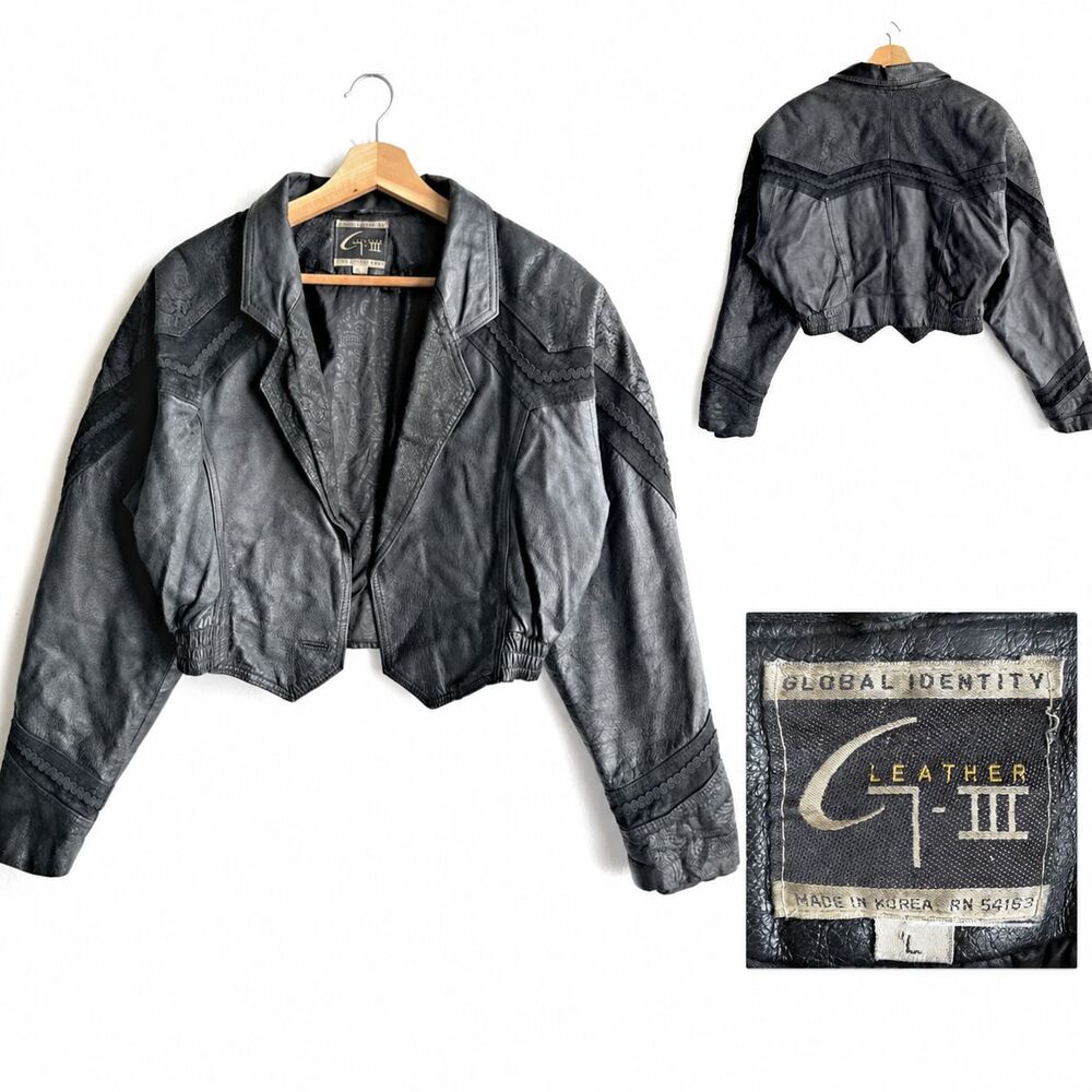 VTG 80s G-III Black Leather Jacket Cropped Paisley Accents Women's Large